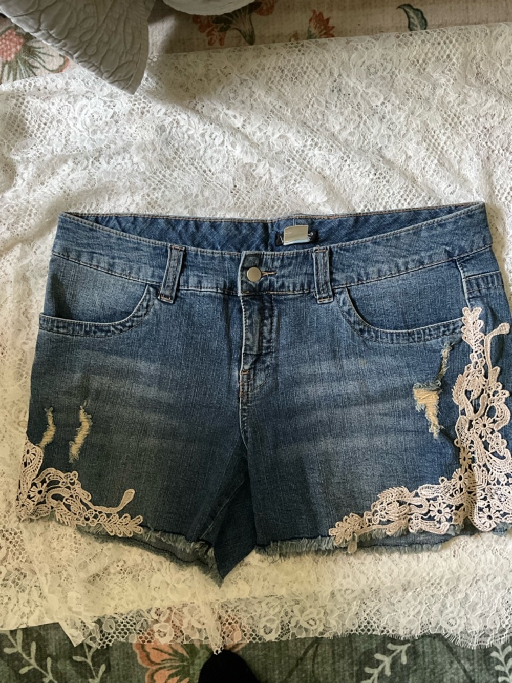 Venus Upcycled Crochet Lace Distressed Denim Shorts Size 12